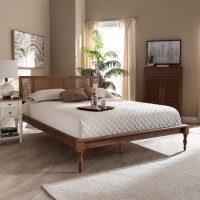 Baxton Studio MG0005-Ash Walnut Rattan-Queen Romy Vintage French Inspired Ash Wanut Finished Wood and Synthetic Rattan Queen Size Platform Bed